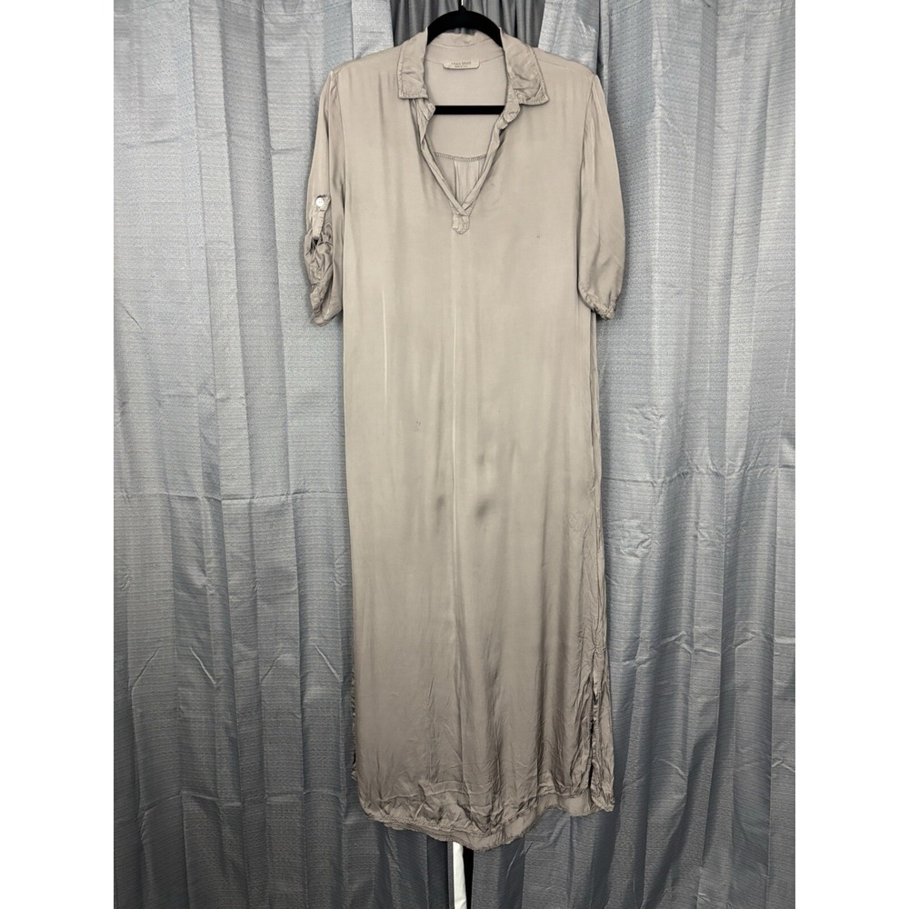 Meo Meli Italy Maxi Satin Shirt Dress Womens S Taupe Brown Lagenlook Neutral